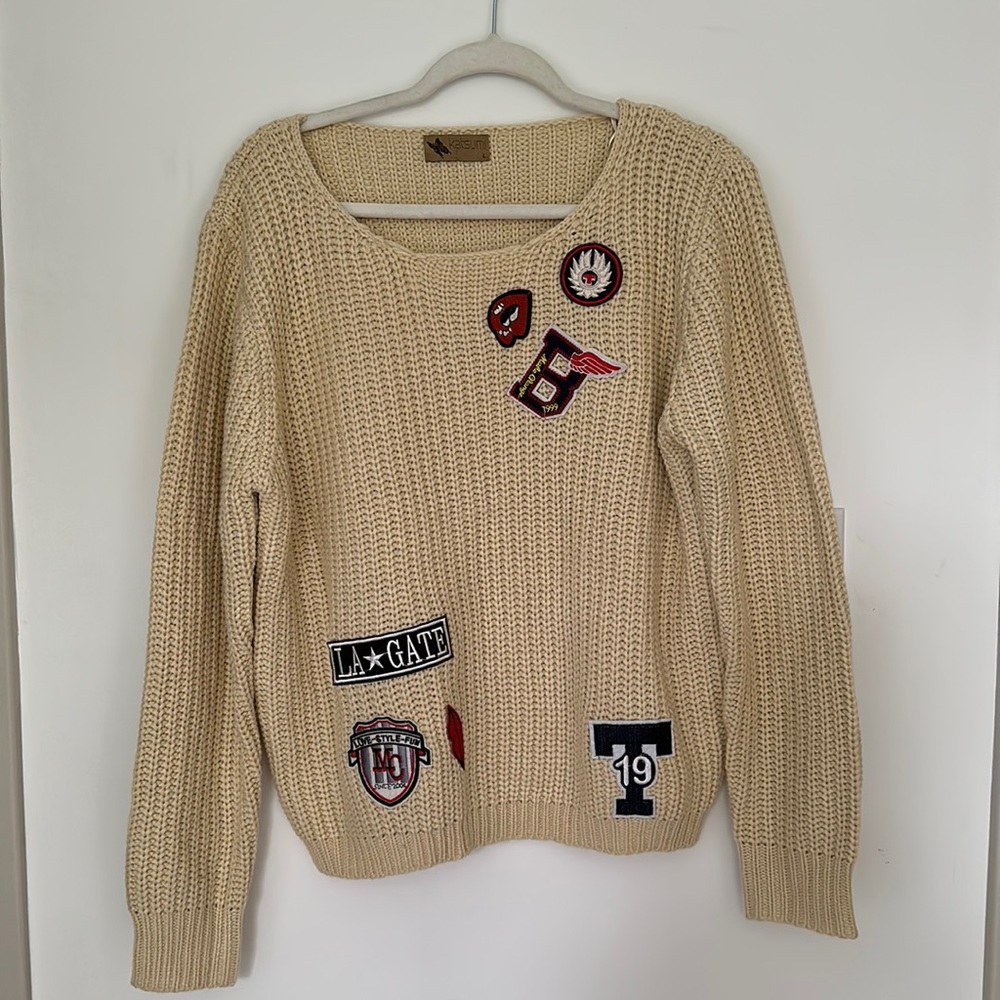 Women’s thick knit soft woven cream patchwork LA sweater sweatshirt size large